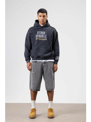 Vamos Oversize Nakış BaskılıKapüşonlu Sweatshirt Siyah