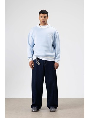 Vamos Oversize Yaka Nakış Detaylı Sweatshirt Bebe Mavi