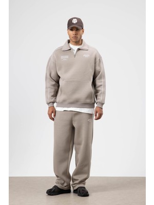 Vamos Çizgi Detaylı Oversize Eşofman Takım Vizon