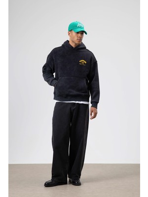 Vamos Oversize Yıkamalı Boxy Fit Kapüşonlu Sweatshirt Siyah