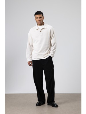 Vamos Oversize Polo Yaka Triko Kazak Ekru