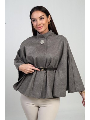 By Saygı Kadın Tek Düğmeli Beli Kemerli Kaşe Panço