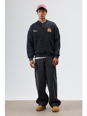 Vamos Oversize Bisiklet Yaka Baskılı Sweatshirt Siyah