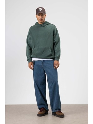 Vamos Oversize Yıkamalı Baskılı Kapüşonlu Sweatshirt Koyu Yesıl