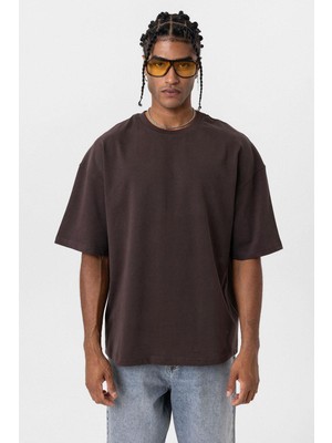 Vamos Basic Oversize Bisiklet Yaka Tişört Kahve