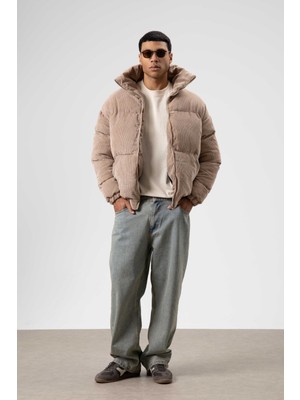 Vamos Oversize Kadife Şişme Mont Bej