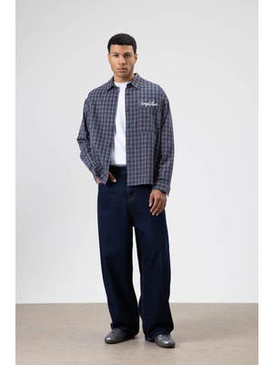 Vamos Oversize Kareli Arka Baskılı Uzun Kol Gömlek Lacivert-Kahve