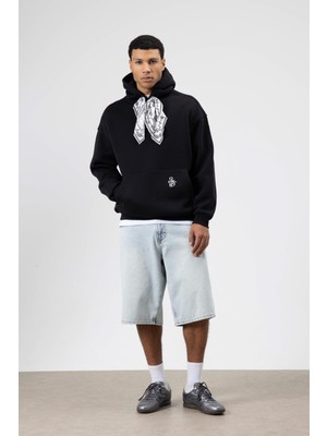Vamos Oversize Fular Detaylı Kapüşonlu Sweatshirt Siyah