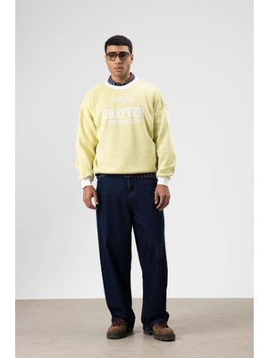 Vamos Oversize Bisiklet Yaka Baskılı Sweatshirt Sarı