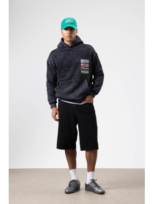 Vamos Oversize Yıkamalı Baskılı Kapüşonlu Sweatshirt Siyah