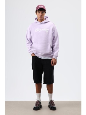 Vamos Oversize Baskılı Kapüşonlu Hoodie Lila
