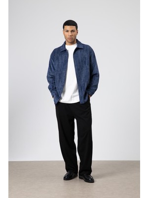 Vamos Oversize Dokulu Gömlek Lacivert