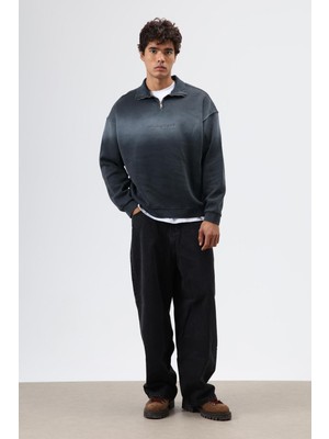 Vamos Yaka Fermuarlı Oversize Sweatshirt Siyah