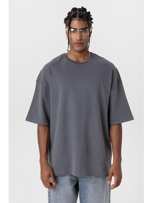 Vamos Basic Oversize Bisiklet Yaka Tişört Füme