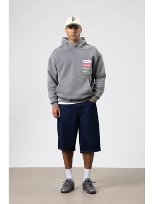 Vamos Oversize Yıkamalı Baskılı Kapüşonlu Sweatshirt Füme