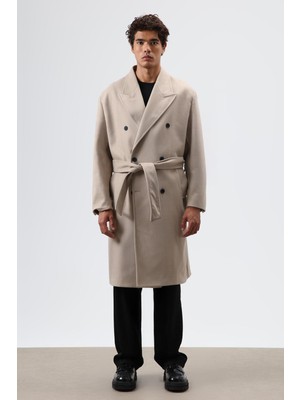 Vamos Oversize Kruvaze Kaşe Kaban Bej