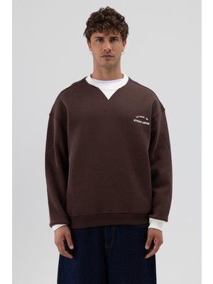 Vamos Oversize Bisiklet Yaka Baskılı Sweatshirt Kahve