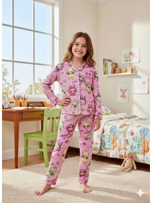 Enie Kız Çocuk %100 Pamuk Labubu Desenli Uzun Kollu Uyku Gözlüklü Düğmeli Pijama Takımı