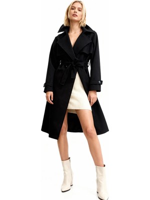 Rays Siyah Kuşaklı Yaka Detaylı Uzun Kadın Trenç Kaban 3095A