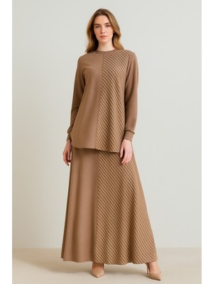 PUREVA 161-TE-M26K_R024 Çizgili Bambu Modal Tunik Etek Takım #10-25#