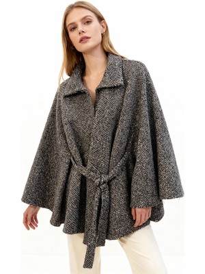 Rays Siyah Gömlek Yaka Kuşaklı Panço Kadın Kaban 3099A