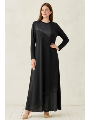 İdoll Giyim 1065 Göğüs Kısmı Payetli Etek Ucu Deri Görünümlü Elbise #10-25#