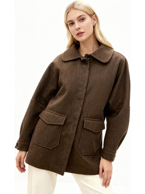 Rays Kahverengi Büyük Cepli Geniş Yakalı Kadın Kaban 3102A