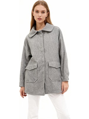 Rays Gri Büyük Cepli Geniş Yakalı Kadın Kaban 3102A