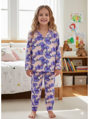 Enie Kız Çocuk %100 Pamuk Unicorn Desenli Düğmeli Uyku Gözlüklü Pijama Takımı