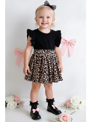 Parla Kids Kız Bebek Leopar Fırfır Kollu Elbise Toka Takım