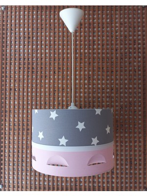 Onay Avize Gri Yıldızlı Pembe M-536 Motifli Kumaş Kaplama Avize Çocuk Odası ve Bebek Odası Avize Sarkıt