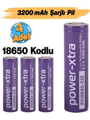 Badem10 (4 Adet) 3200MAH Şarjlı Pil PX18650 Batarya 3.6V Li-Ion Uzun Ömürlü Yüksek Kapasite Şarj Edilebilir