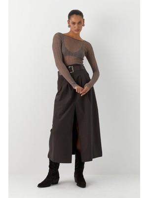 MARKALİSTE Ön Yırtmaçlı Uzun Kemerli Etek Antrasit
