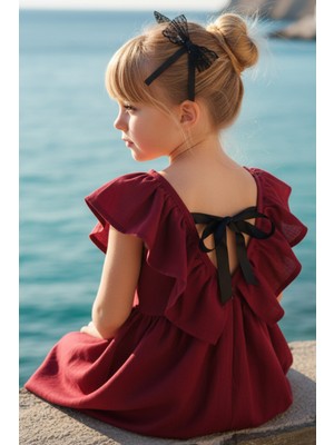 Parla Kids Kız Çocuk Bordo Cherry Fiyonklu Fırfırlı Keten Elbise Toka Takım