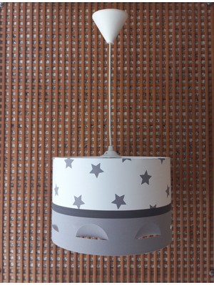 Onay Avize Beyaz Yıldızlı Gri M-537 Motifli Avize Kumaş Kaplama Çocuk Odası ve Bebek Odası Avize Sarkıt