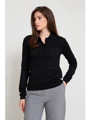 Setre Siyah Polo Yaka Uzun Kollu Triko