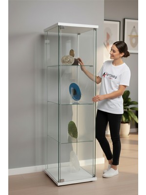 Artinoks Home 3 RAFLI SADE CAMLI VİTRİN  BEYAZ (gümüşlük,kitaplık, sunu,sergi vitrini)