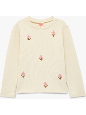 Koton Kız Çocuk Pamuklu Uzun Kollu Tişört Günlük Stil Çiçekli Nakış Detaylı Polyester Karışımlı