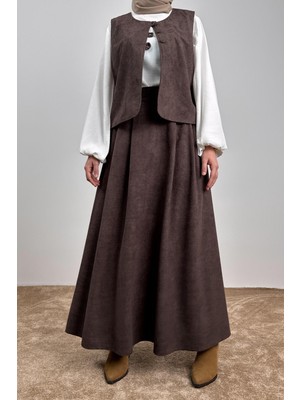 Ande Tesettür Kadife Yelekli Takım - Kahve