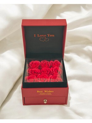 “ı Love You Kırmızı Gül Kutusu – Hediye Çekmeceli Şık Hediye Kutusu | Sevgiliye Romantik Sürpriz Çiçek Kutusu”
