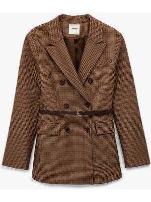 Koton Kemer Detaylı Düğmeli Cepli Kruvaze Yaka Ekoseli Blazer Ceket