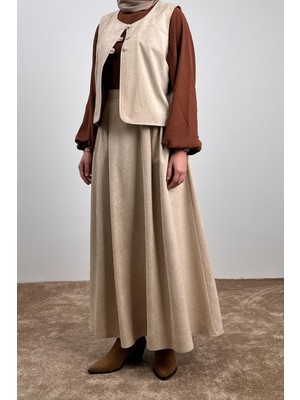 Ande Tesettür Kadife Yelekli Takım - Bej