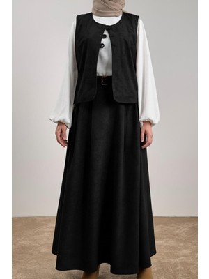 Ande Tesettür Kadife Yelekli Takım - Siyah