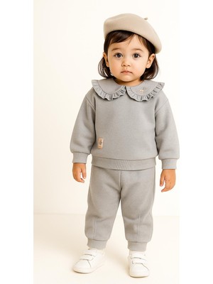 Rapapa Kız Çocuk Fırfır Yaka 3 Iplik Şardonlu Eşofman Takımı – Gri 10713