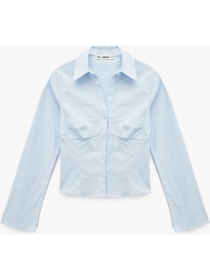 Koton Slim Fit Kadın Düğmeli Klasik Yaka Uzun Kollu Gömlek Mavi Polyester Karışımlı