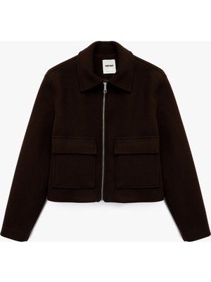 Koton Cepli Uzun Kollu Fermuarlı Crop Kaşe Ceket