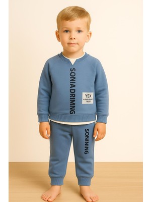 Rapapa Erkek Çocuk 3 Iplik Şardonlu Mavi  Baskılı Eşofman Takım 10725M