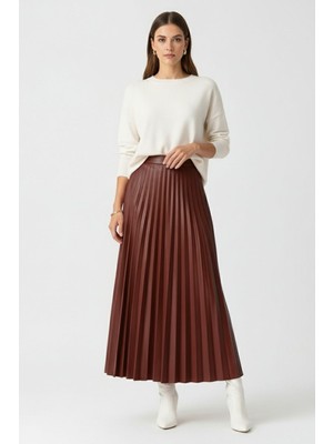 Mizalle Deri Görünümlü Piliseli Bordo Maksi Etek