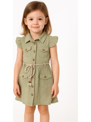 Rapapa Kız Çocuk Yeşil Düğmeli Cepli Keten Elbise – Kemer Detaylı 9818