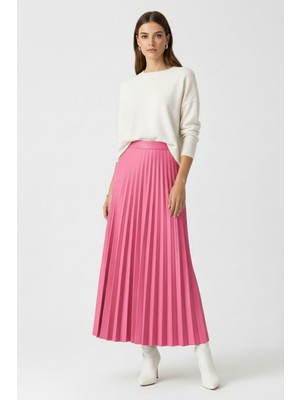 Mizalle Deri Görünümlü Piliseli Pembe Maksi Etek